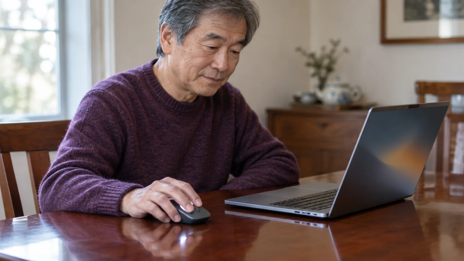 A man sitting at a polished wooden table uses a wireless mouse next to an open laptop.