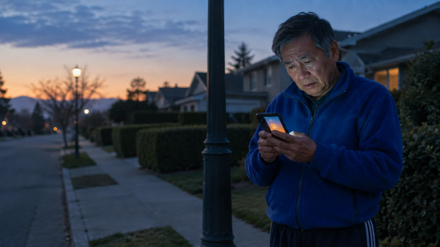 A man in a blue fleece jacket looks down at his glowing smartphone screen while standing on a suburban sidewalk at dawn.
