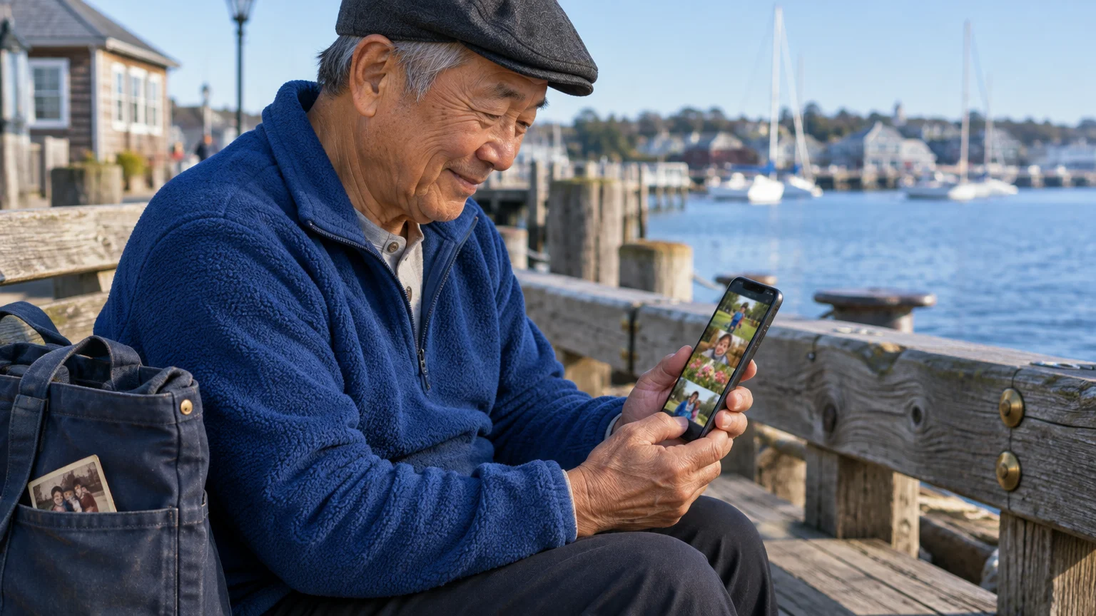 Senior man sitting on a wooden dock bench by the water, smiling as he looks at family photos on his smartphone.