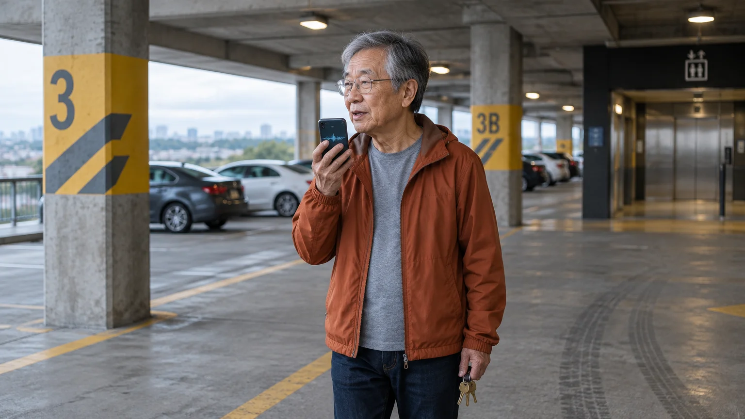 Older man speaking into his smartphone while holding car keys in a multistory parking garage.