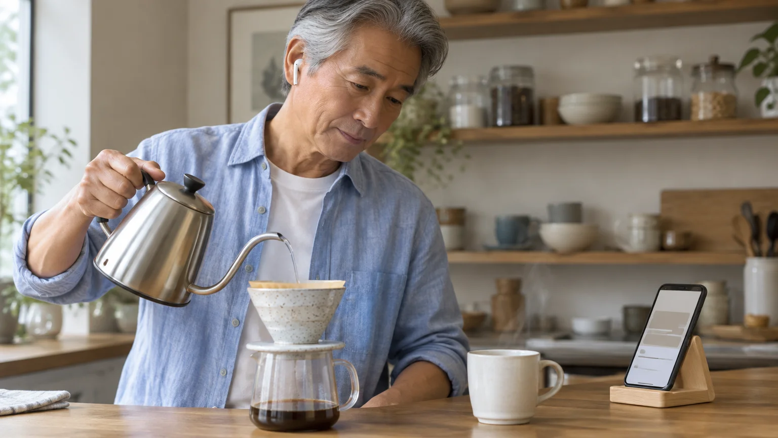 Man wearing an earbud pours water into a coffee dripper next to a phone propped on a wooden stand.