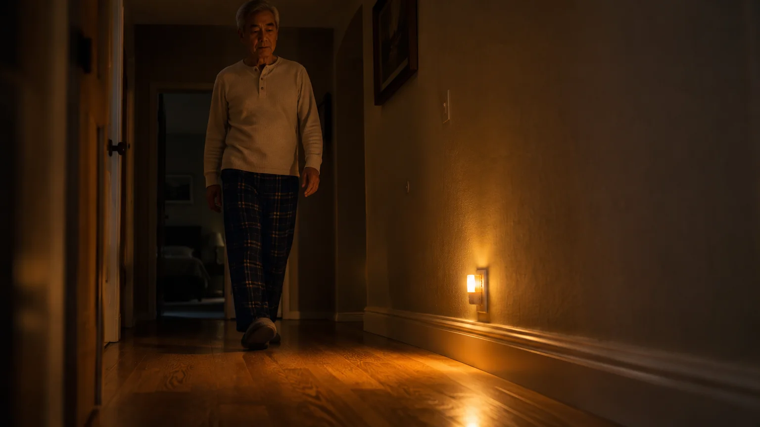 Man in pajamas walks down a dim hallway guided by an amber night light plugged into a baseboard outlet.