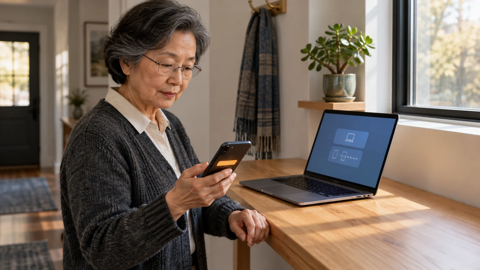 Older woman looking at her smartphone beside an open laptop displaying verification icons on a wooden desk.