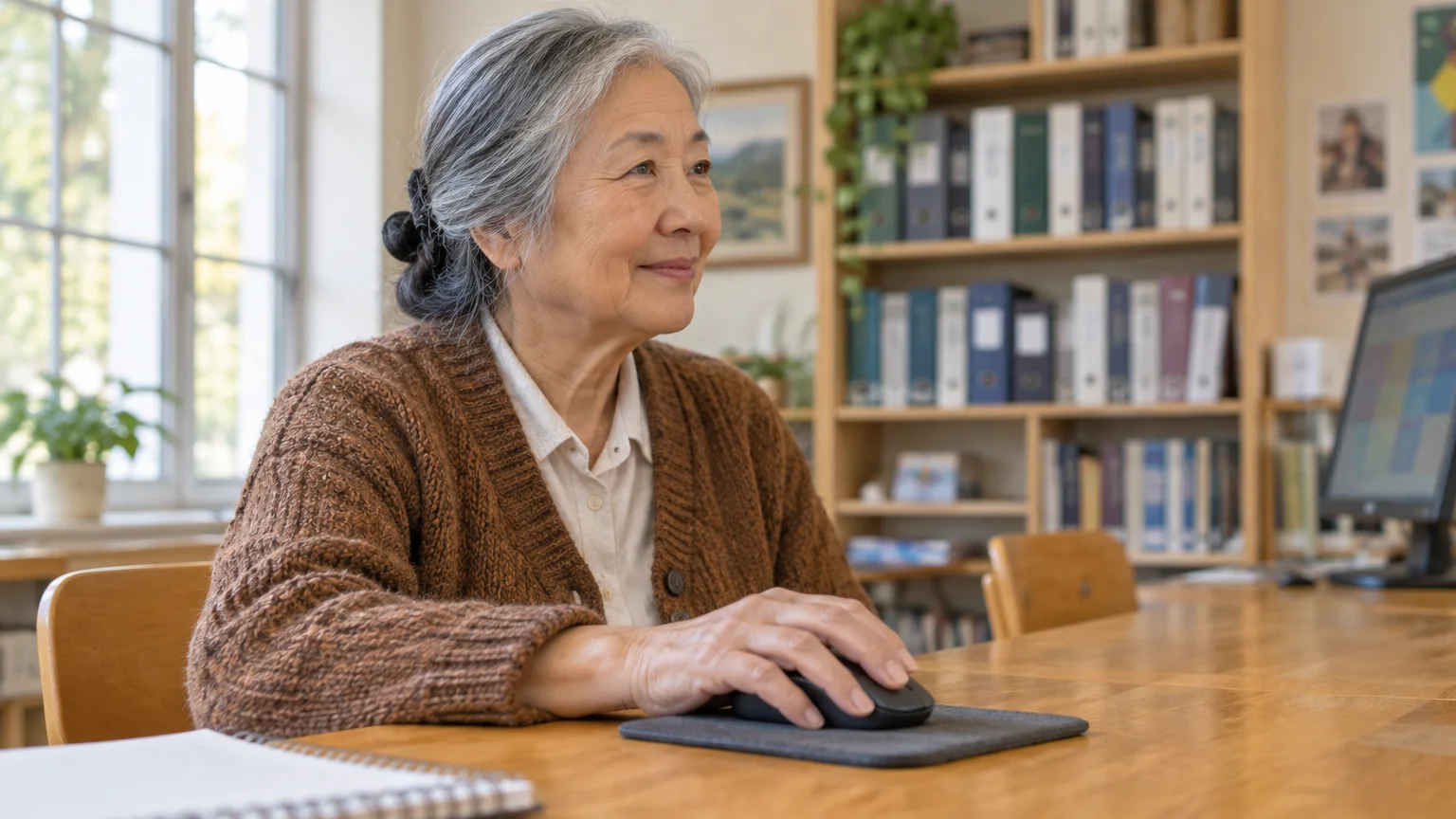 An older woman with grey hair sits at a wooden table using a black computer mouse on a mousepad.