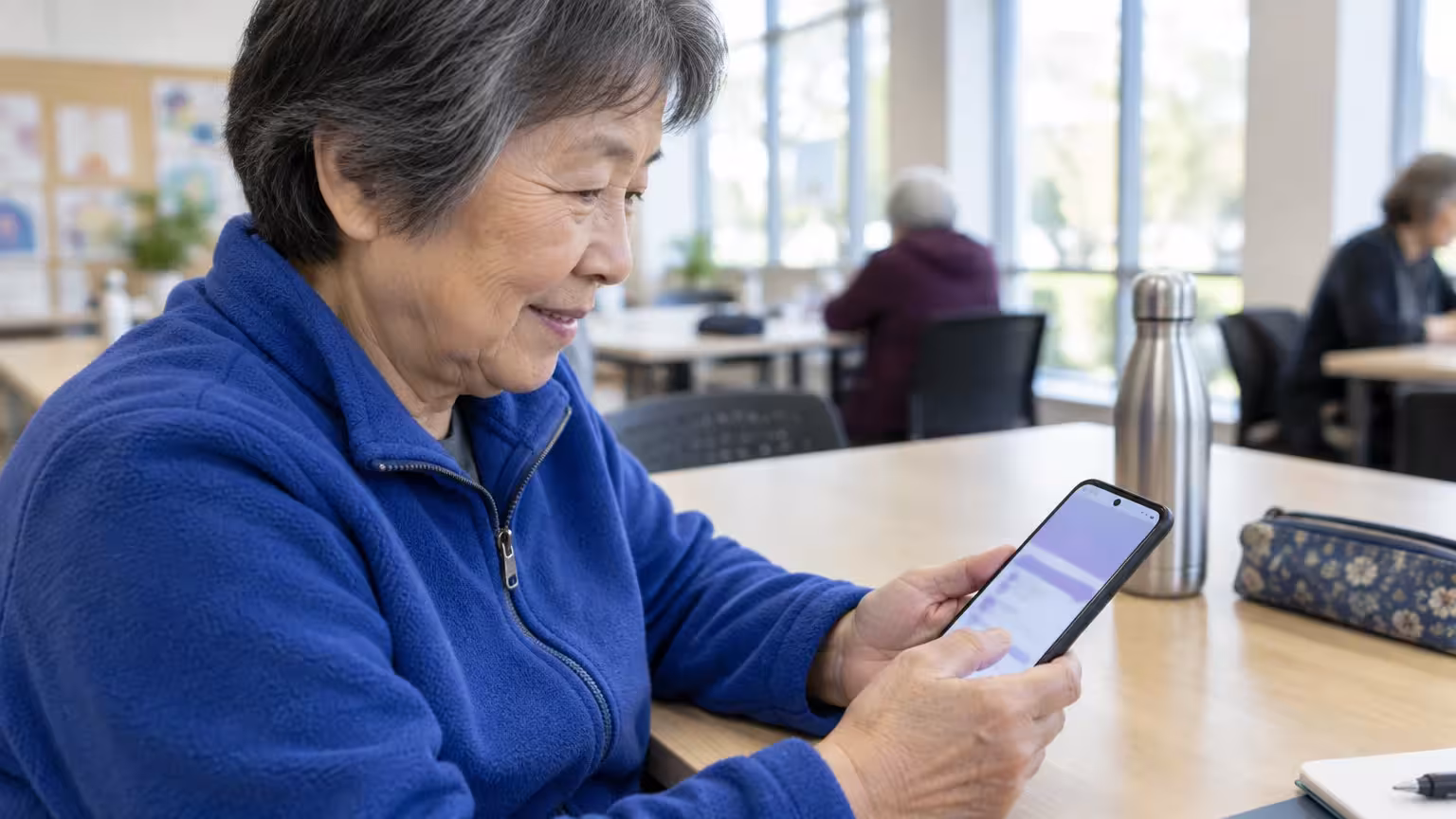 A senior woman in a blue fleece jacket sits at a wooden table looking down at her smartphone.