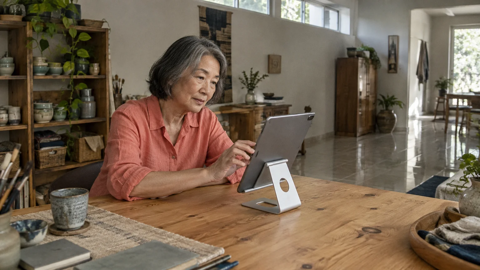 A woman sitting at a wooden dining table uses a tablet propped on a silver stand in a bright, spacious room.