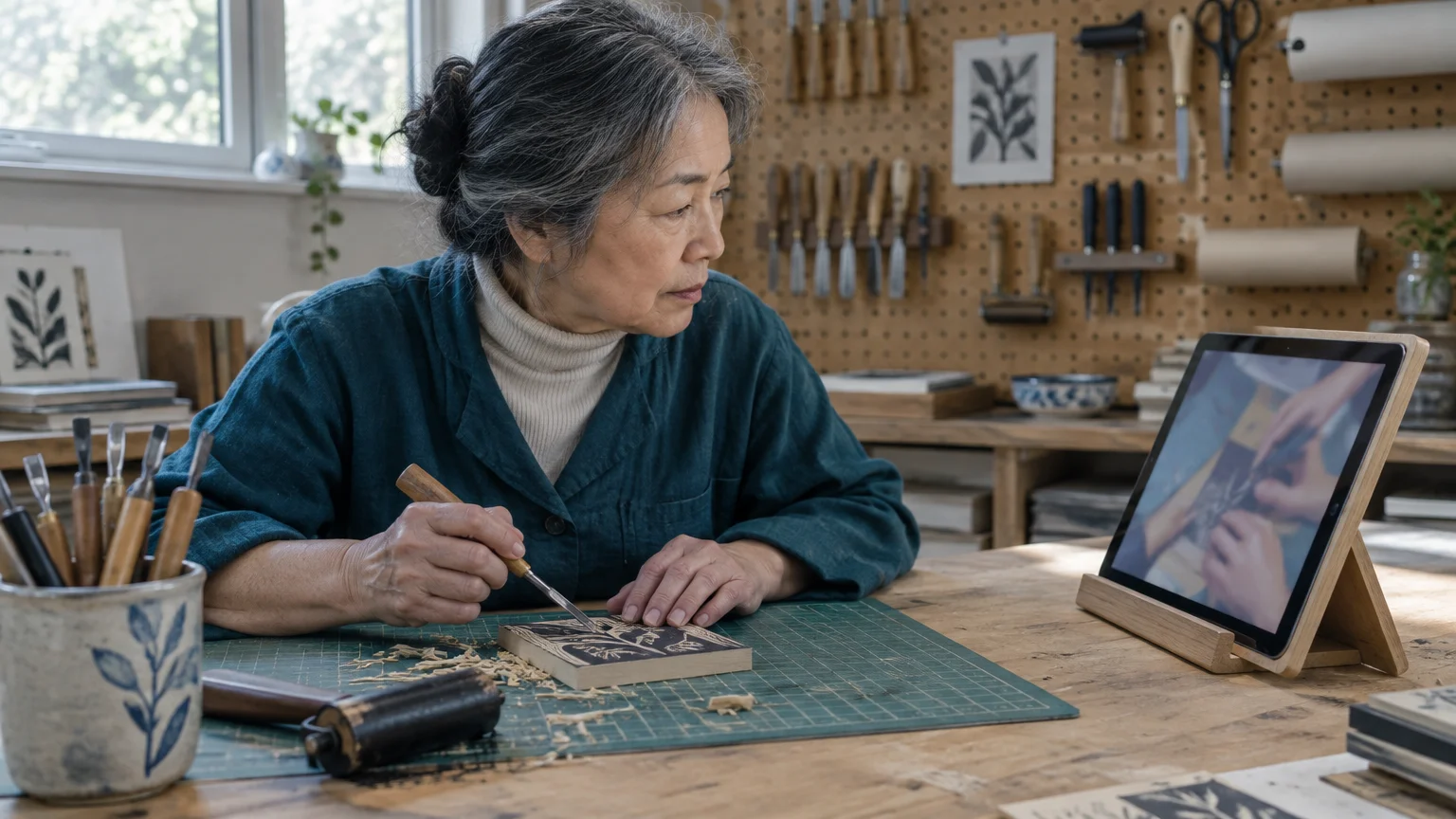 A woman carves a linocut block at a workshop table while watching an instructional video on a propped-up tablet.