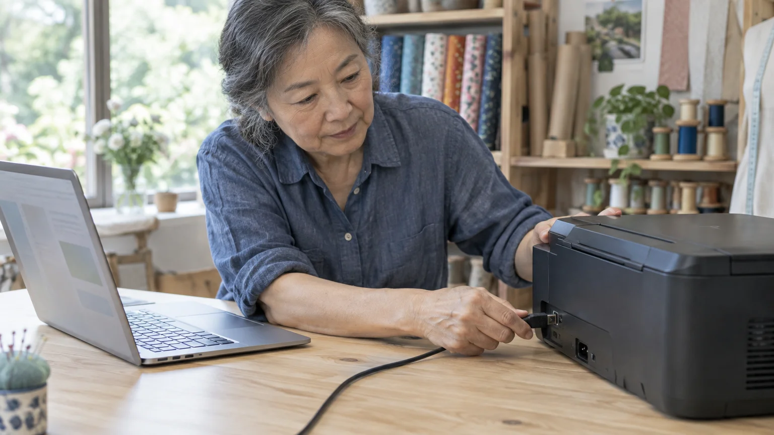 A woman plugs a black cable into the back of a printer sitting on a wooden desk next to a laptop.