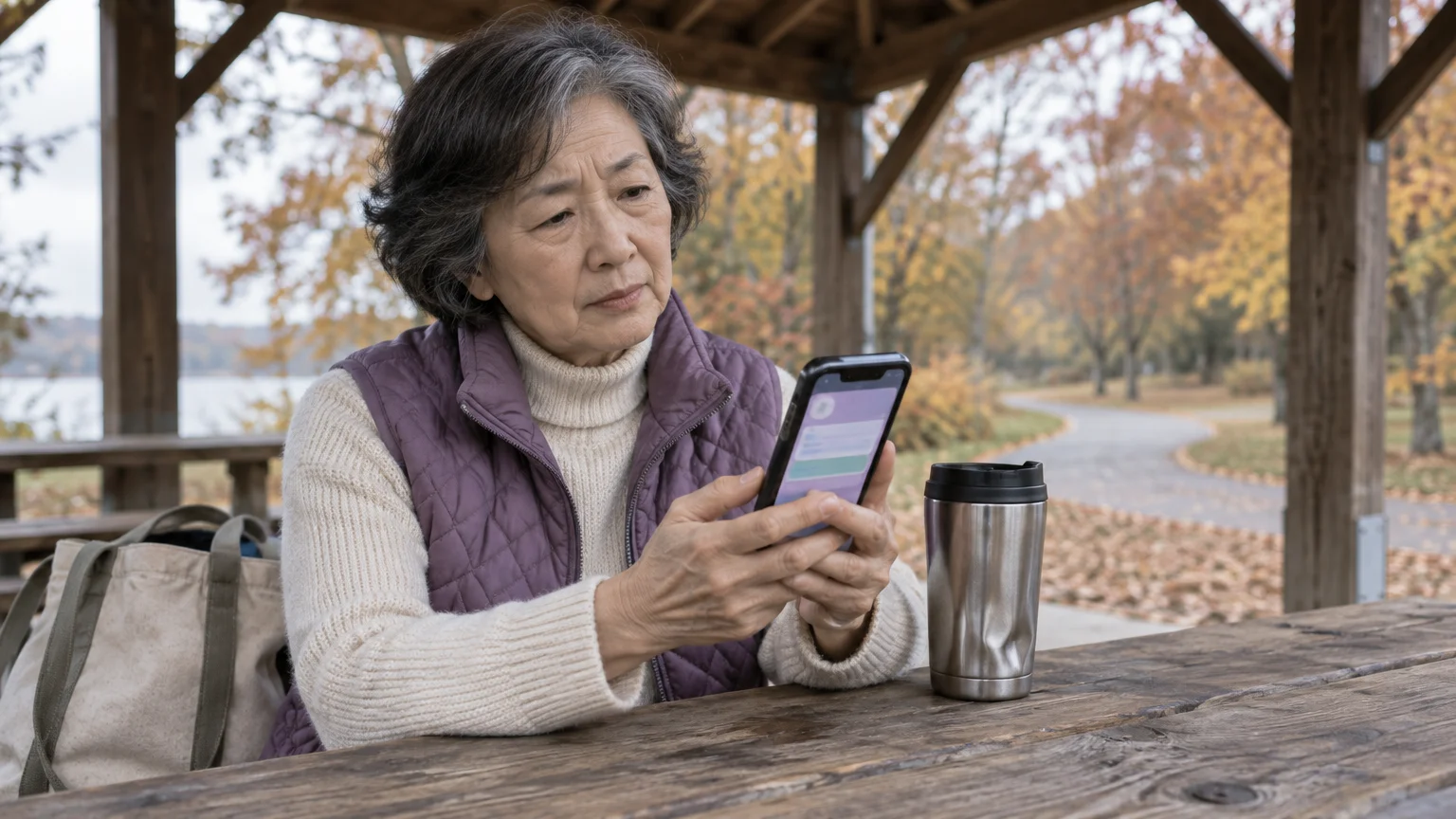 Senior woman sitting at a park pavilion picnic table, looking down with a serious expression at her smartphone.