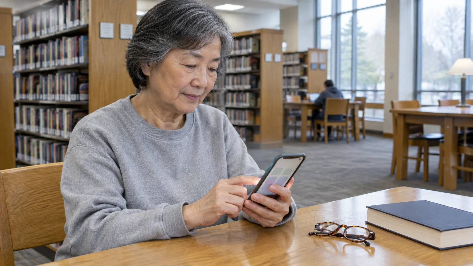A senior woman with short gray hair sits at a wooden library table using a smartphone next to eyeglasses and a book.