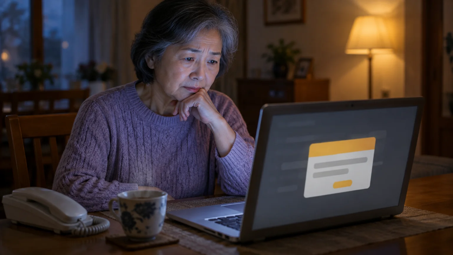 An older woman looking concerned while staring at a pop-up alert displayed on her laptop screen at a table.
