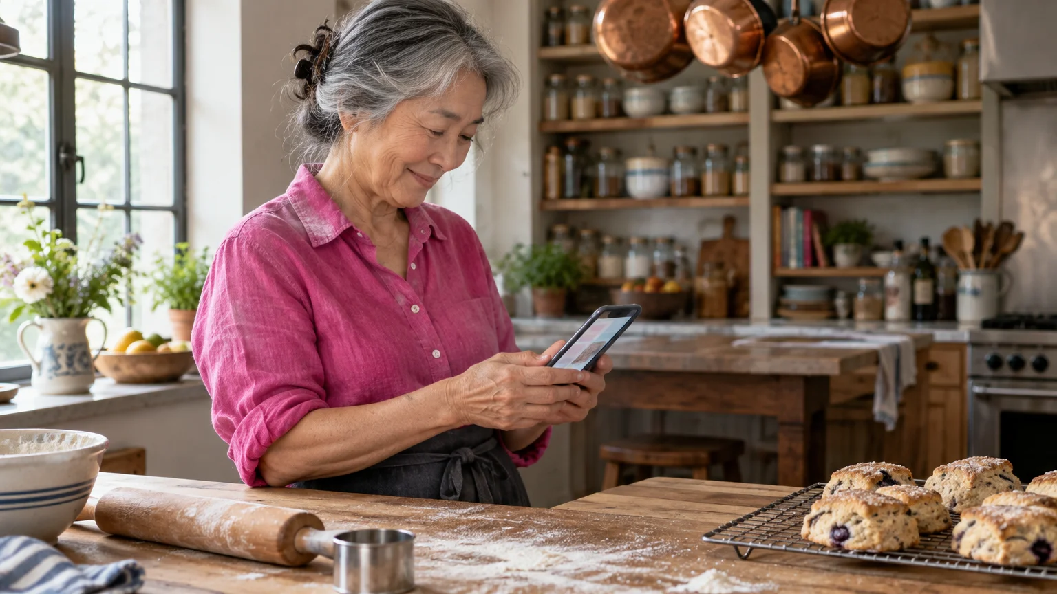 Smiling woman in a pink shirt looking at her smartphone in a kitchen with baked scones on a cooling rack.