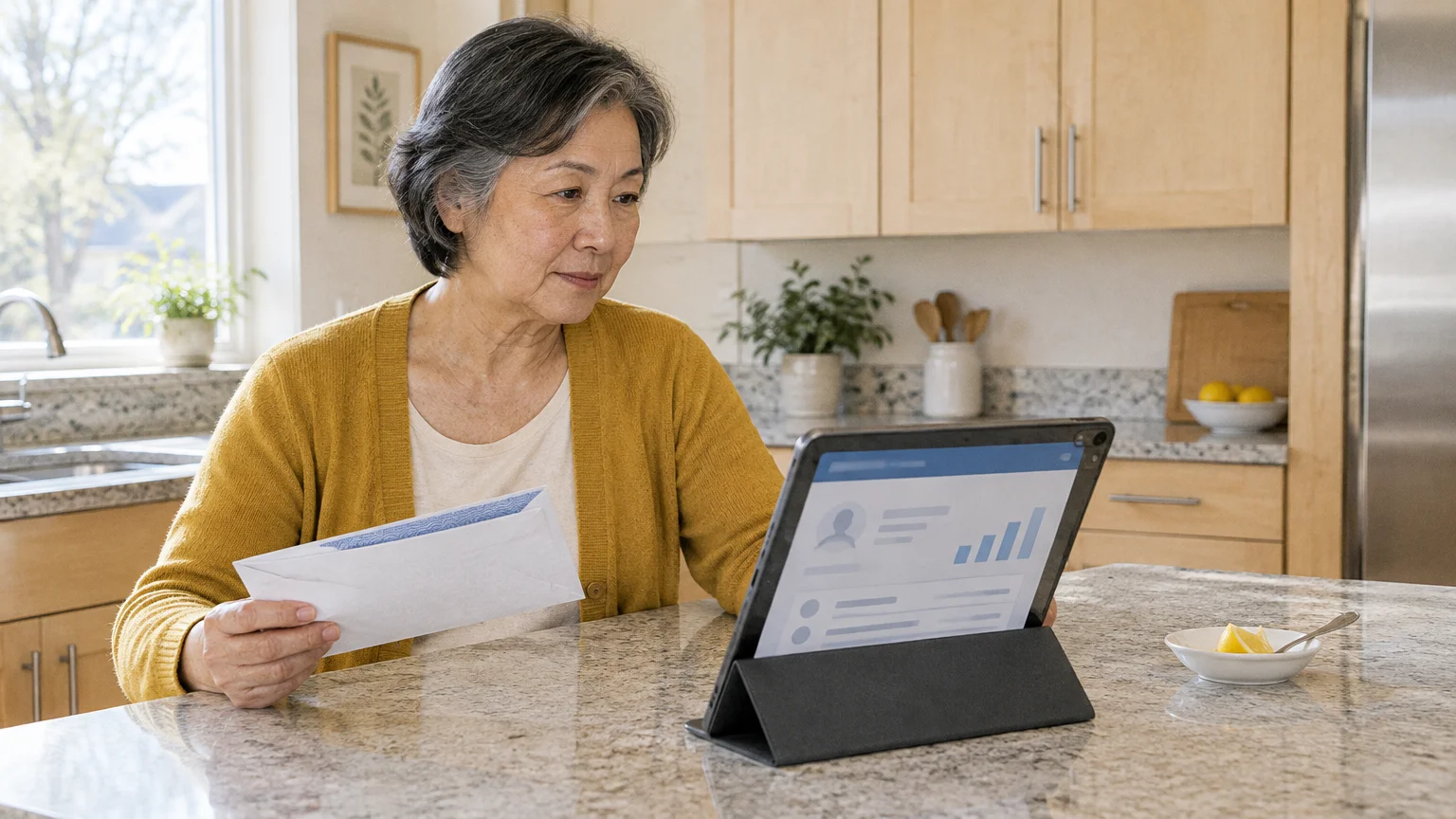 A senior woman sits at a kitchen counter holding an envelope while looking at an account dashboard on a tablet.