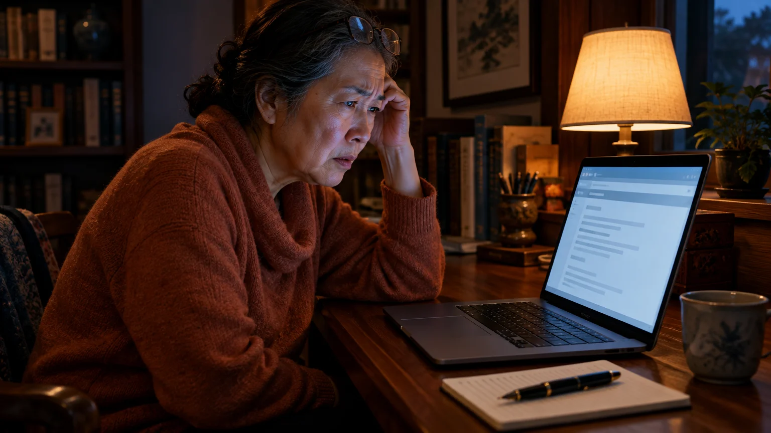 A woman with glasses resting on her head looks worriedly at a laptop on a wooden desk beside a lamp.