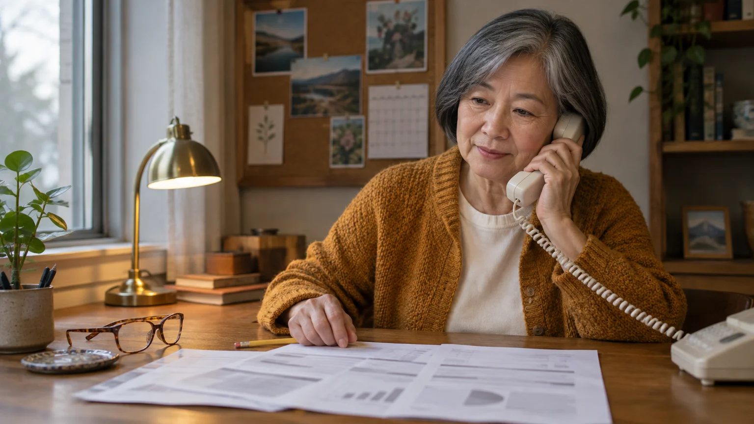 Senior woman sitting at a desk with paperwork, holding a telephone handset to her ear next to an open window and lamp.