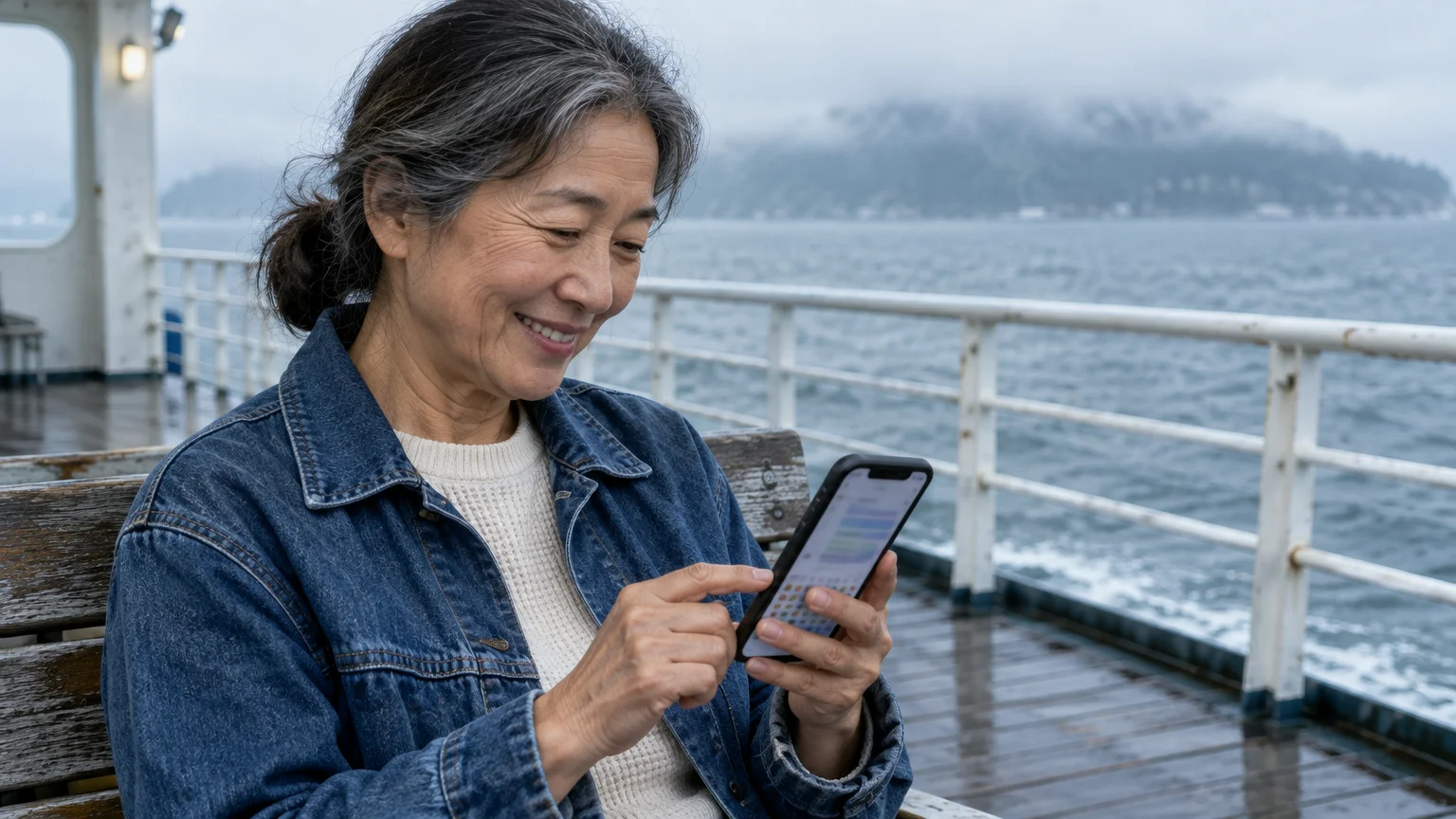 A smiling older woman sits outdoors on a ferry deck overlooking the water, using a smartphone displaying text messages.