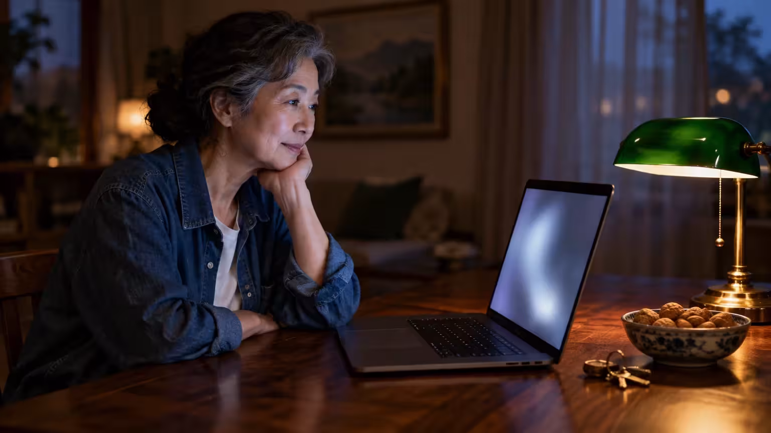 A woman sits at a wooden table at night, resting her chin on her hand while looking at an open laptop under a green desk lamp.