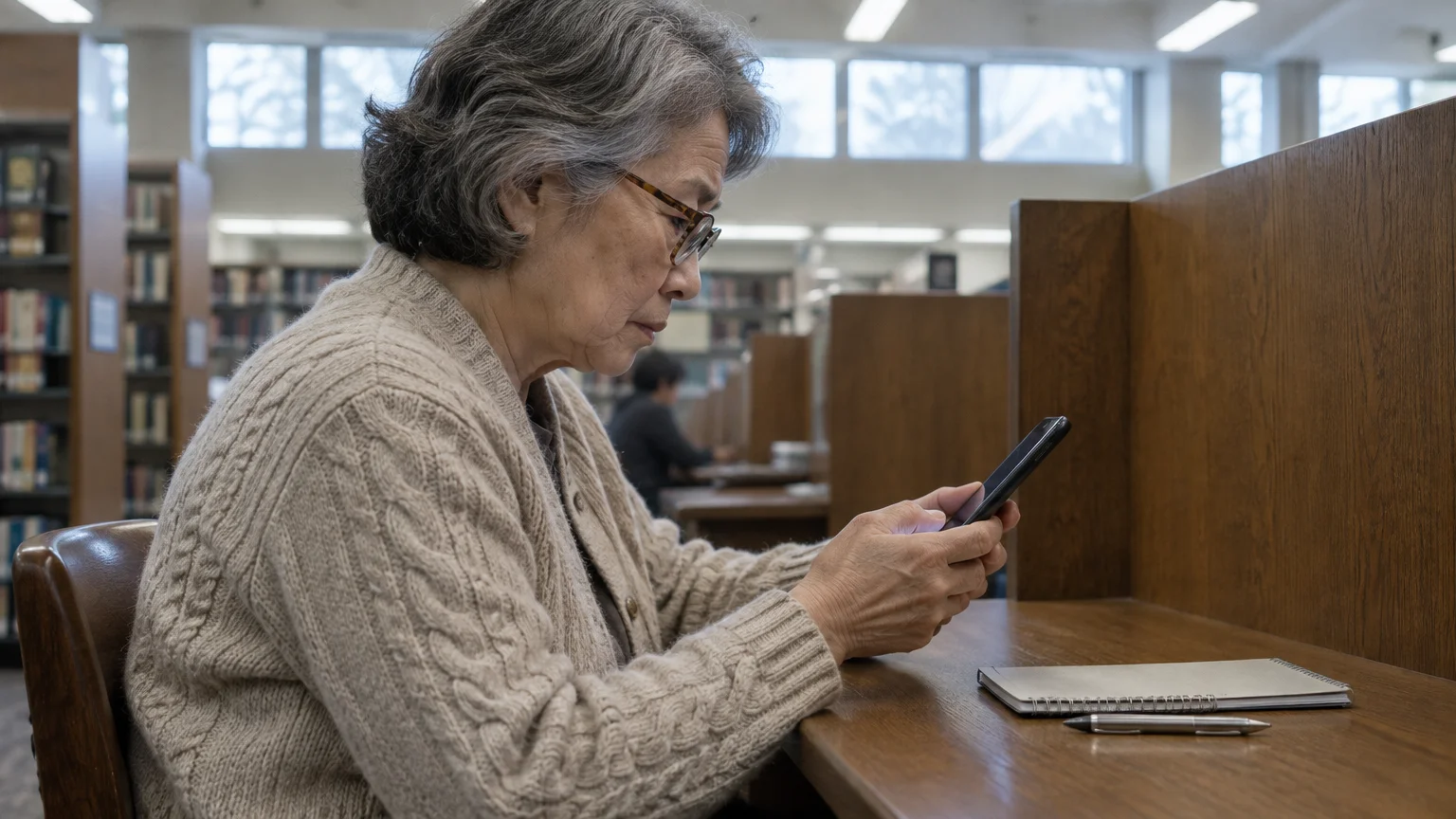 Older woman wearing glasses and a knit cardigan sitting at a wooden library carrel and looking at a smartphone.