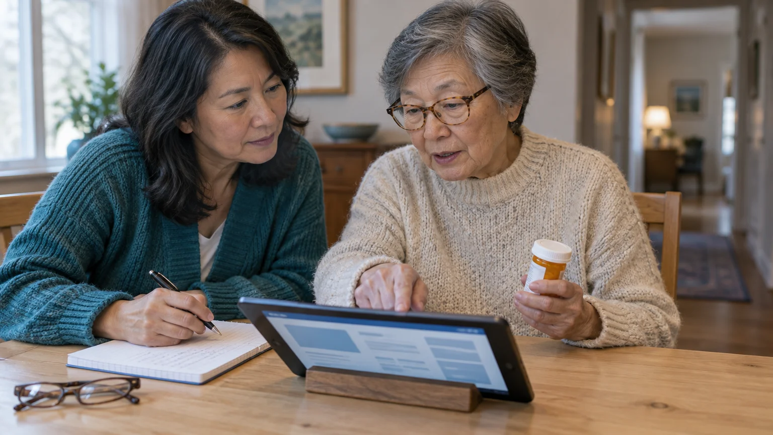Two women look at a tablet together at a table while one holds a pill bottle and the other writes notes.