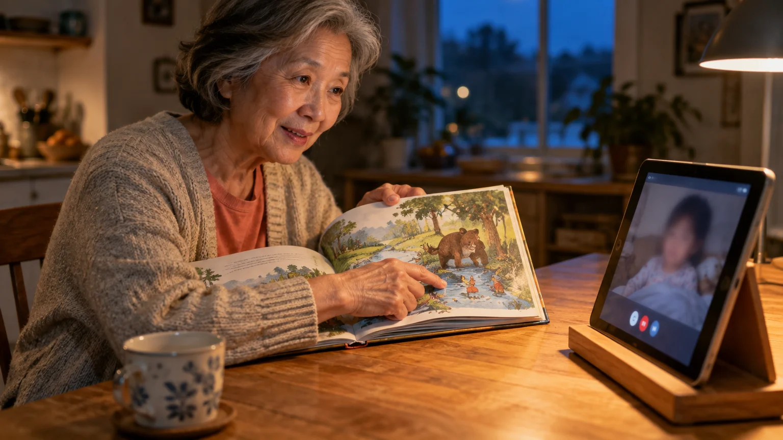 An older woman points at a picture book while video calling a child on a tablet resting on a wooden table.