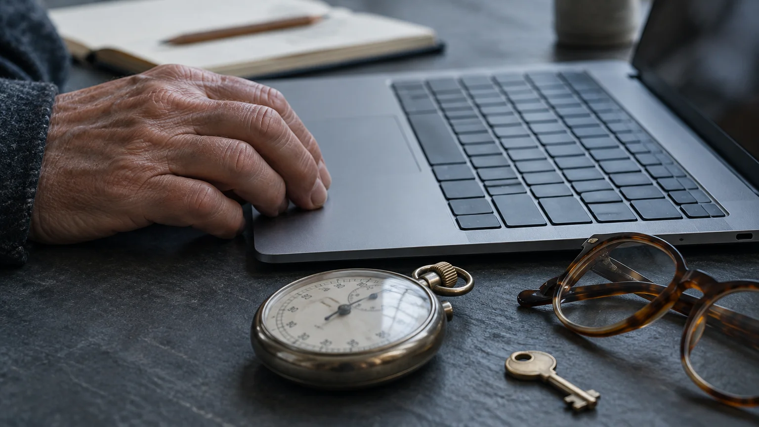 Older person's hand resting on a laptop keyboard beside a vintage stopwatch, eyeglasses, and a key on a dark desk.