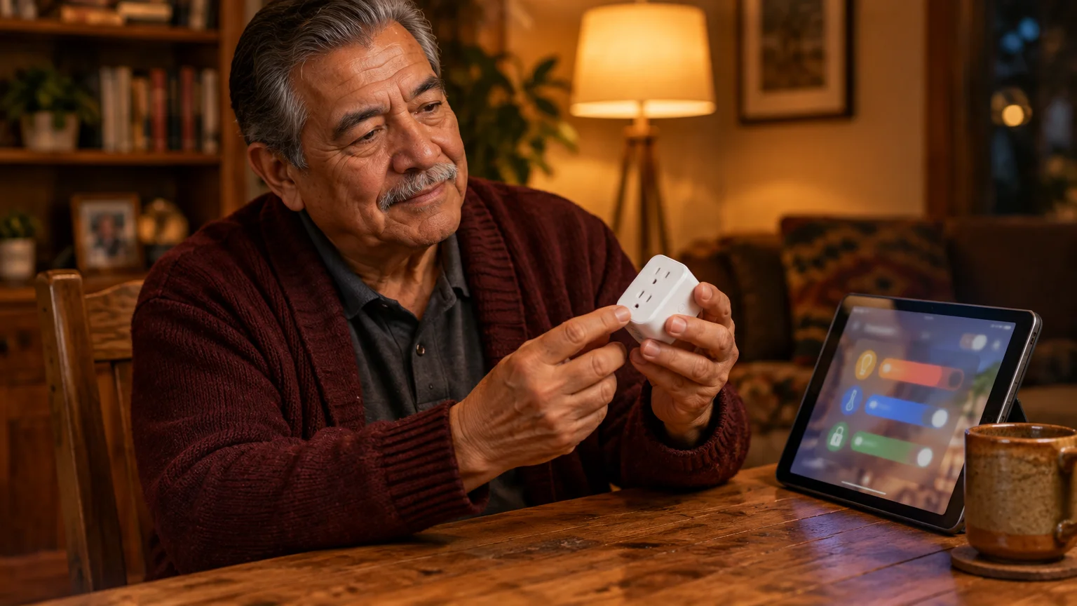 Older man holding a white smart plug at a wooden table beside a tablet displaying smart home controls.