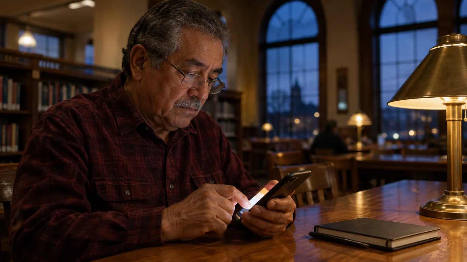 A man wearing glasses sits at a library desk under a brass lamp, using a smartphone.