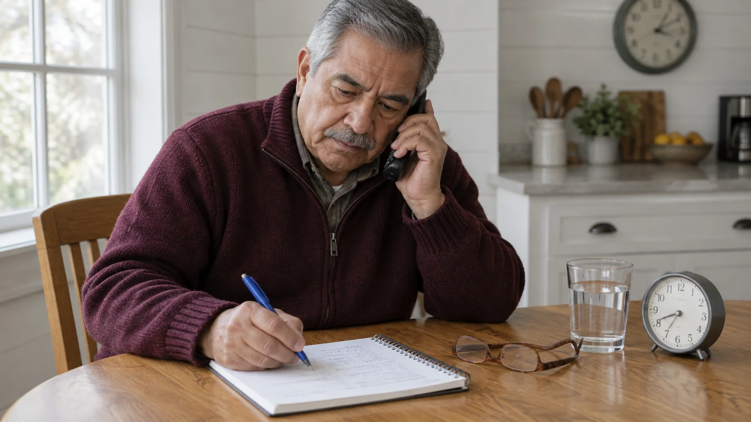 Senior man sitting at a kitchen table talking on a phone and writing in a notebook near an alarm clock.