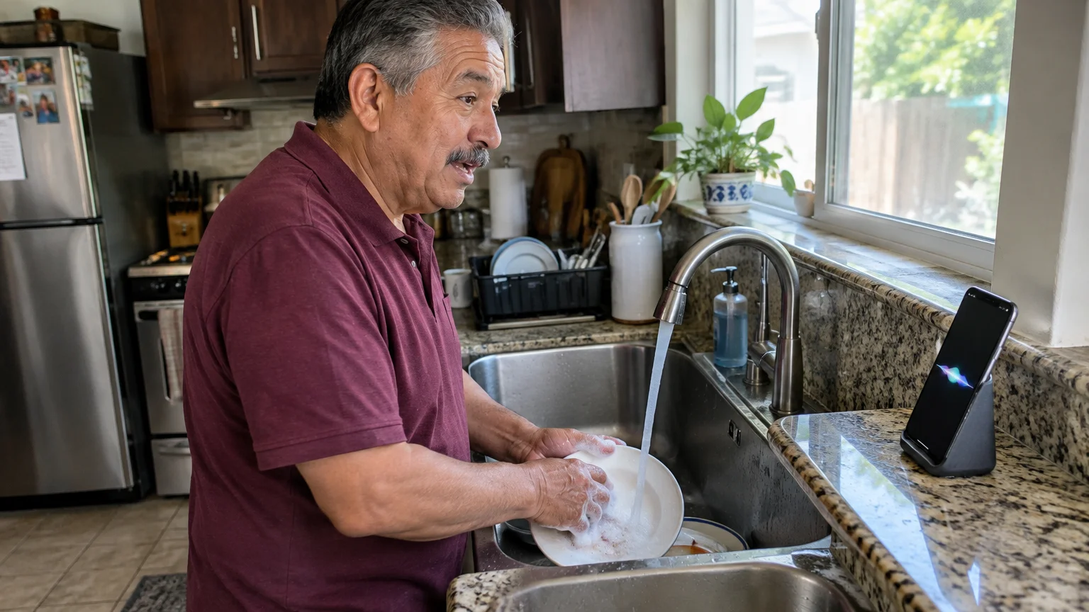 A man washes dishes at a kitchen sink while speaking toward a smartphone propped on the counter nearby.