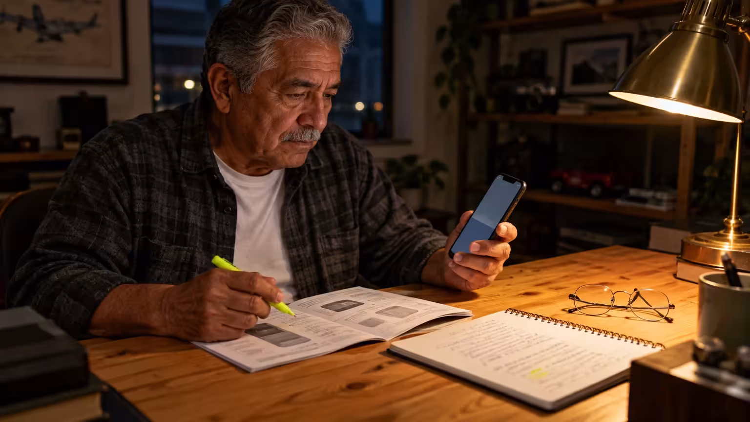 A senior man holds a smartphone while studying an open manual with a highlighter at a dimly lit desk.