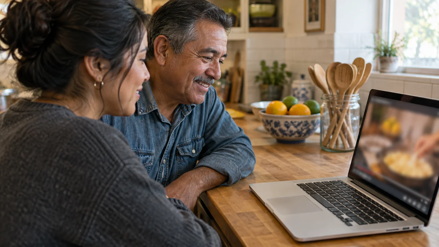 A man and woman sit smiling in a kitchen while watching a cooking video playing on a laptop screen.