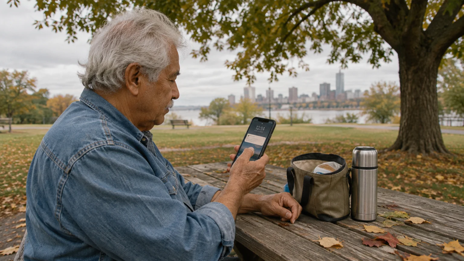 Older man sitting at a park picnic table holding a smartphone with a notification on the screen next to a thermos and bag.