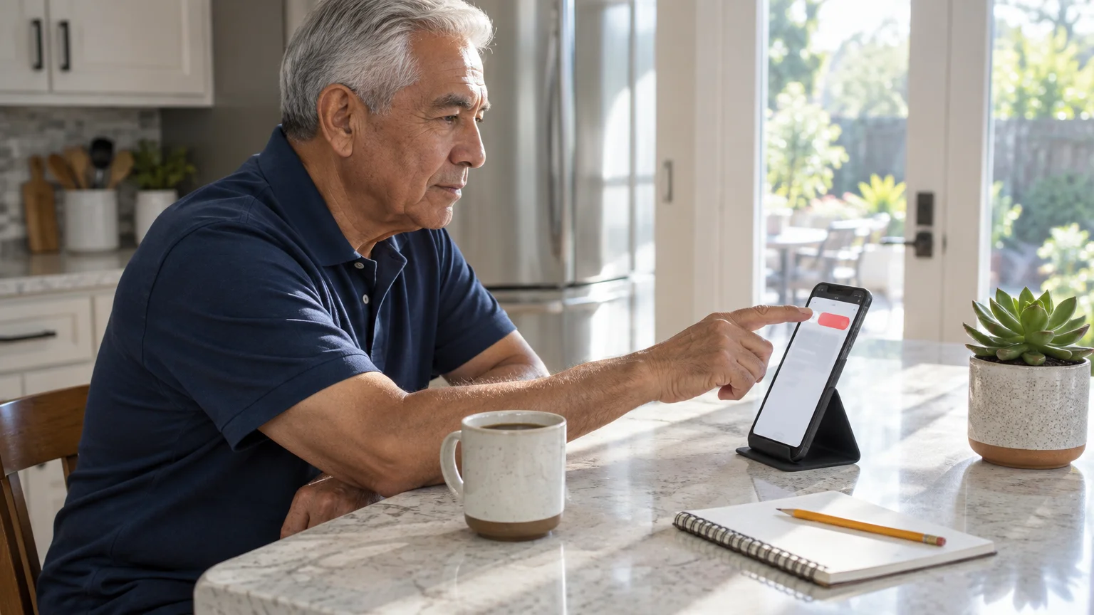 An older man sits at a kitchen counter pointing at a propped-up smartphone beside a mug and notebook.