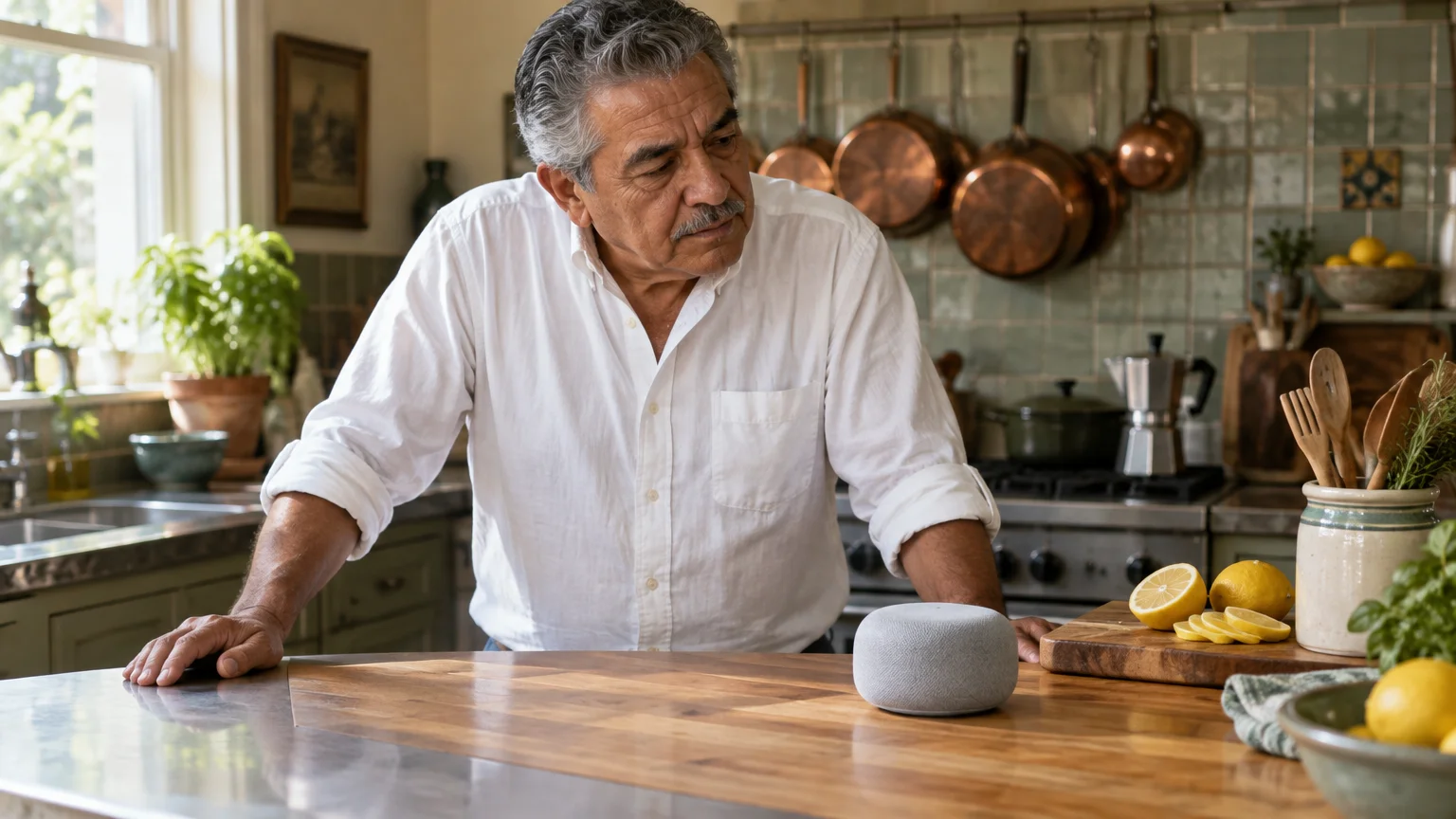 A senior man in a white shirt leans on a wooden kitchen counter, looking down at a compact smart speaker.