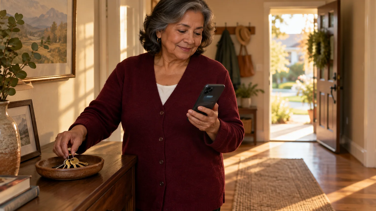 A woman in a burgundy cardigan checks her smartphone while picking up keys from a tray in a home entryway.