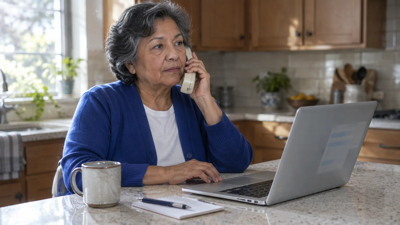 An older woman with gray hair sits in a kitchen, talking on a landline phone while using a laptop.