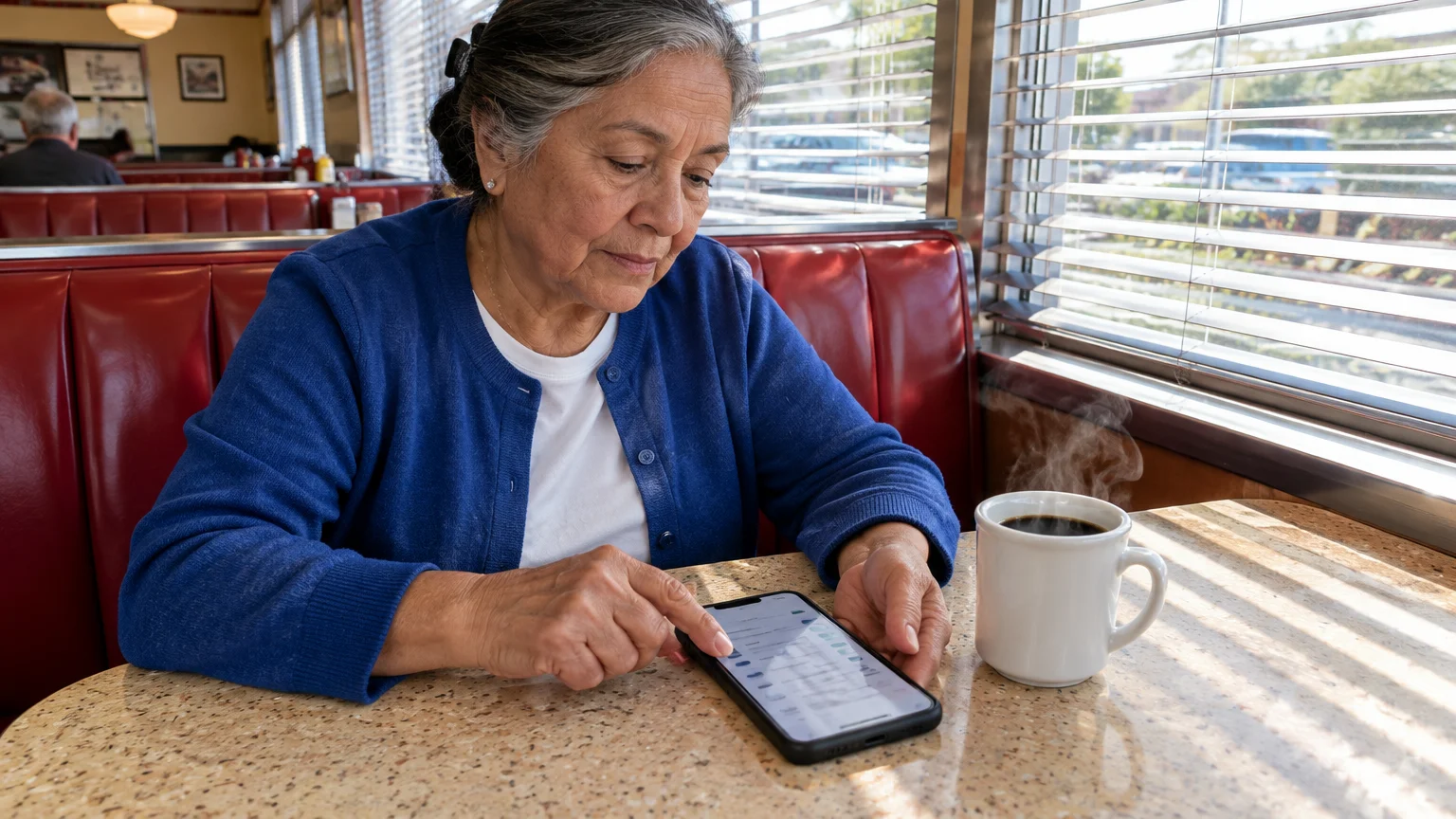 Older woman in a blue cardigan sitting in a diner booth, looking down and tapping a smartphone beside a steaming coffee mug.