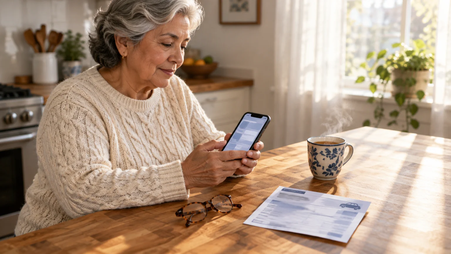 Senior woman sitting at a kitchen table using a smartphone beside eyeglasses, a hot mug, and a vehicle document.
