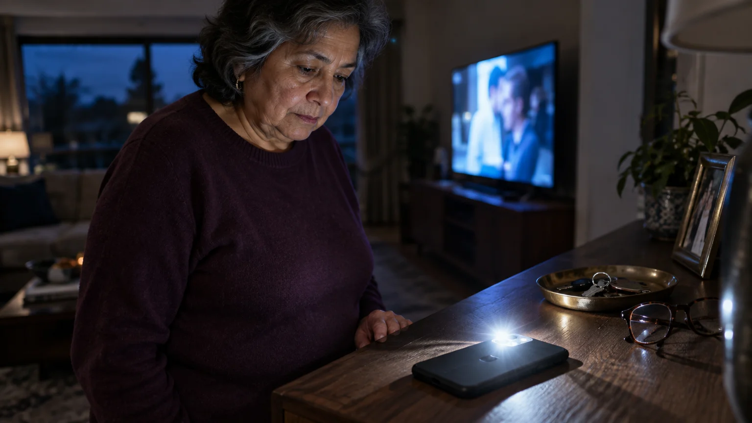A woman looks down at a smartphone flashing its rear camera light on a wooden table in front of a television.