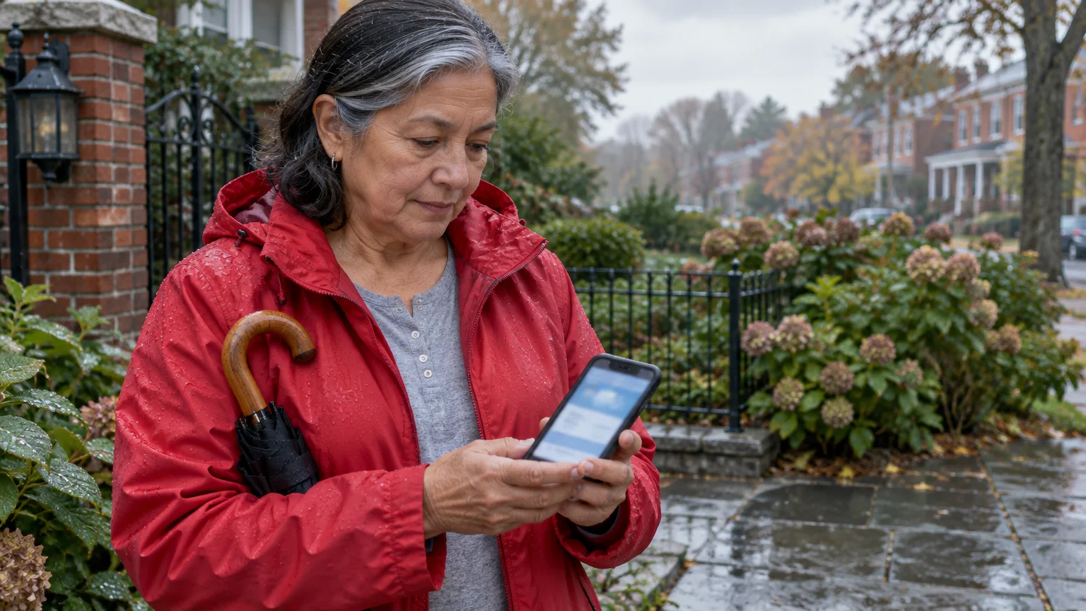 A woman in a red jacket holding an umbrella stands outside on a wet pavement looking at her smartphone.