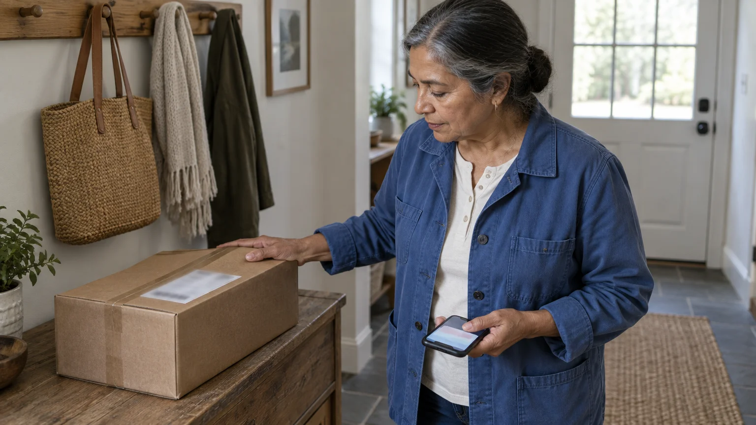 A woman holds a smartphone in an entryway while placing her hand on a cardboard delivery box on a wooden console.