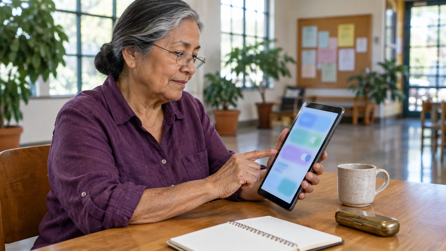 Senior woman with glasses holding a tablet at a table with a notebook and coffee mug.