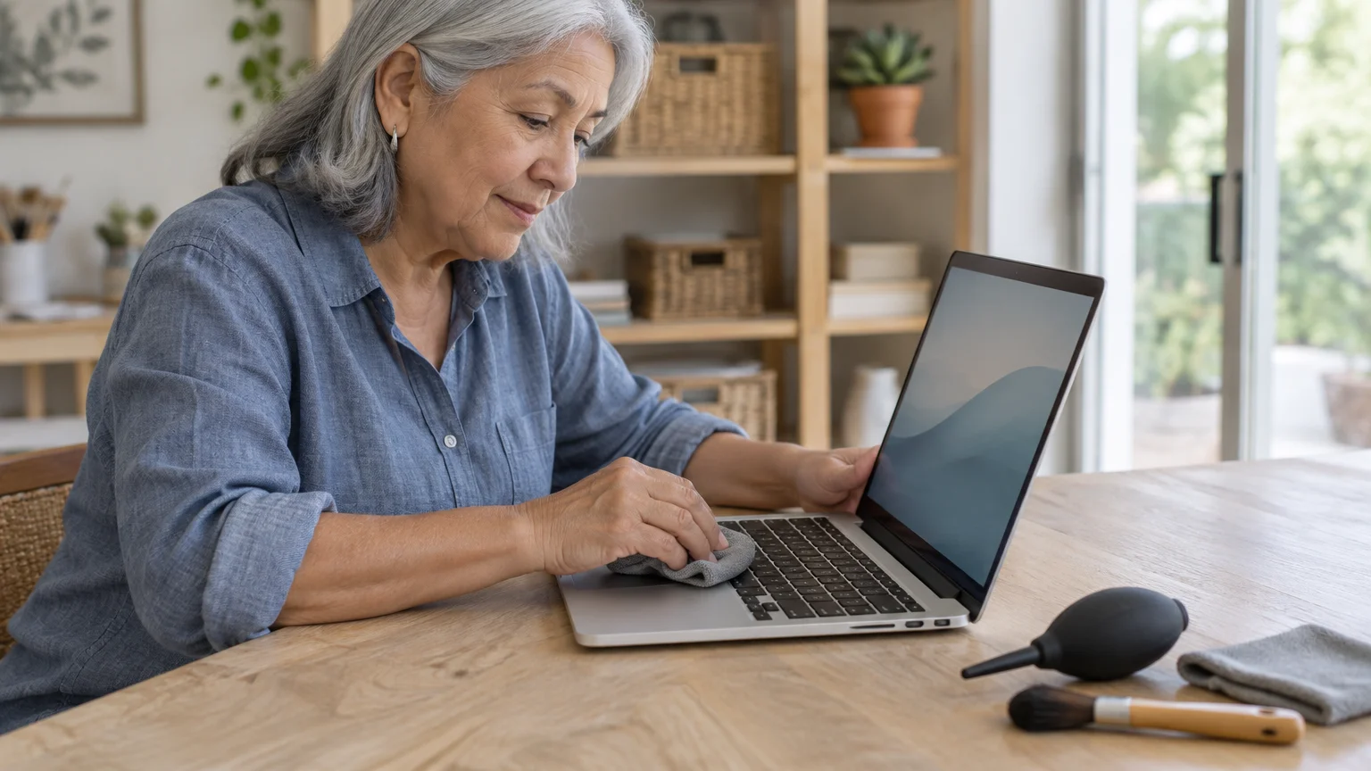 A woman sits at a wooden table wiping a laptop keyboard with a microfiber cloth beside cleaning tools.