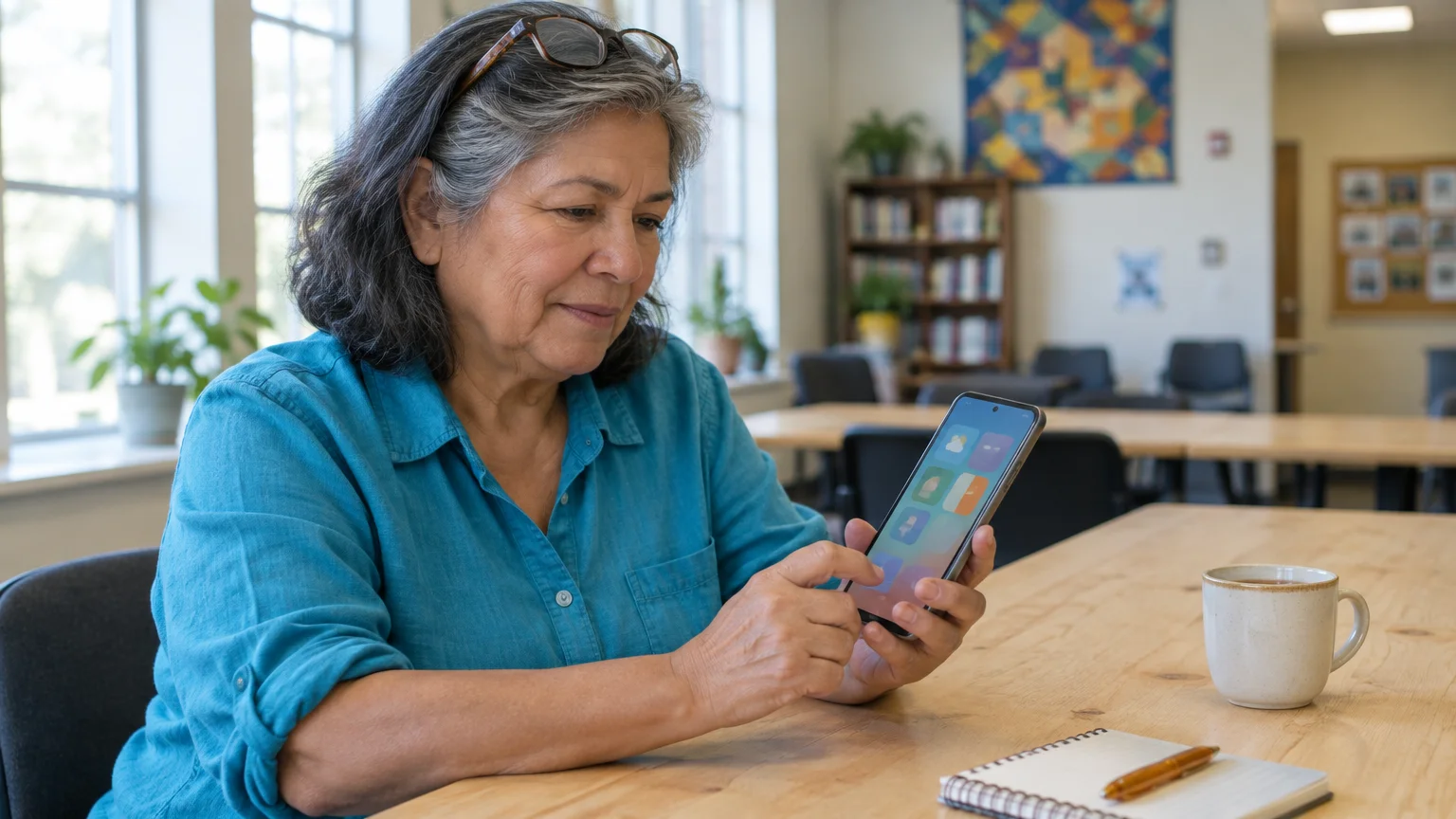 An older woman sits at a wooden table looking at her smartphone, with a coffee mug and notebook nearby.