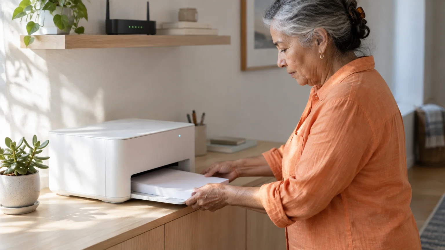 A woman in an orange shirt places a stack of blank paper into a white wireless printer on a wooden shelf.
