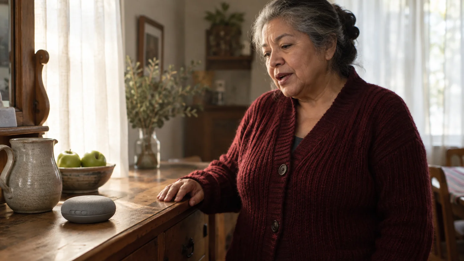 An older woman in a red cardigan looks at a small smart speaker resting on a wooden sideboard in a sunlit room.