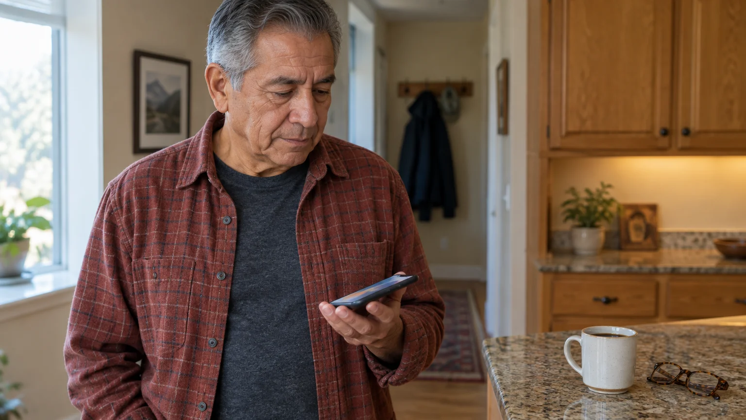An older man in a flannel shirt stands in a kitchen, looking thoughtfully down at a smartphone in his hand.