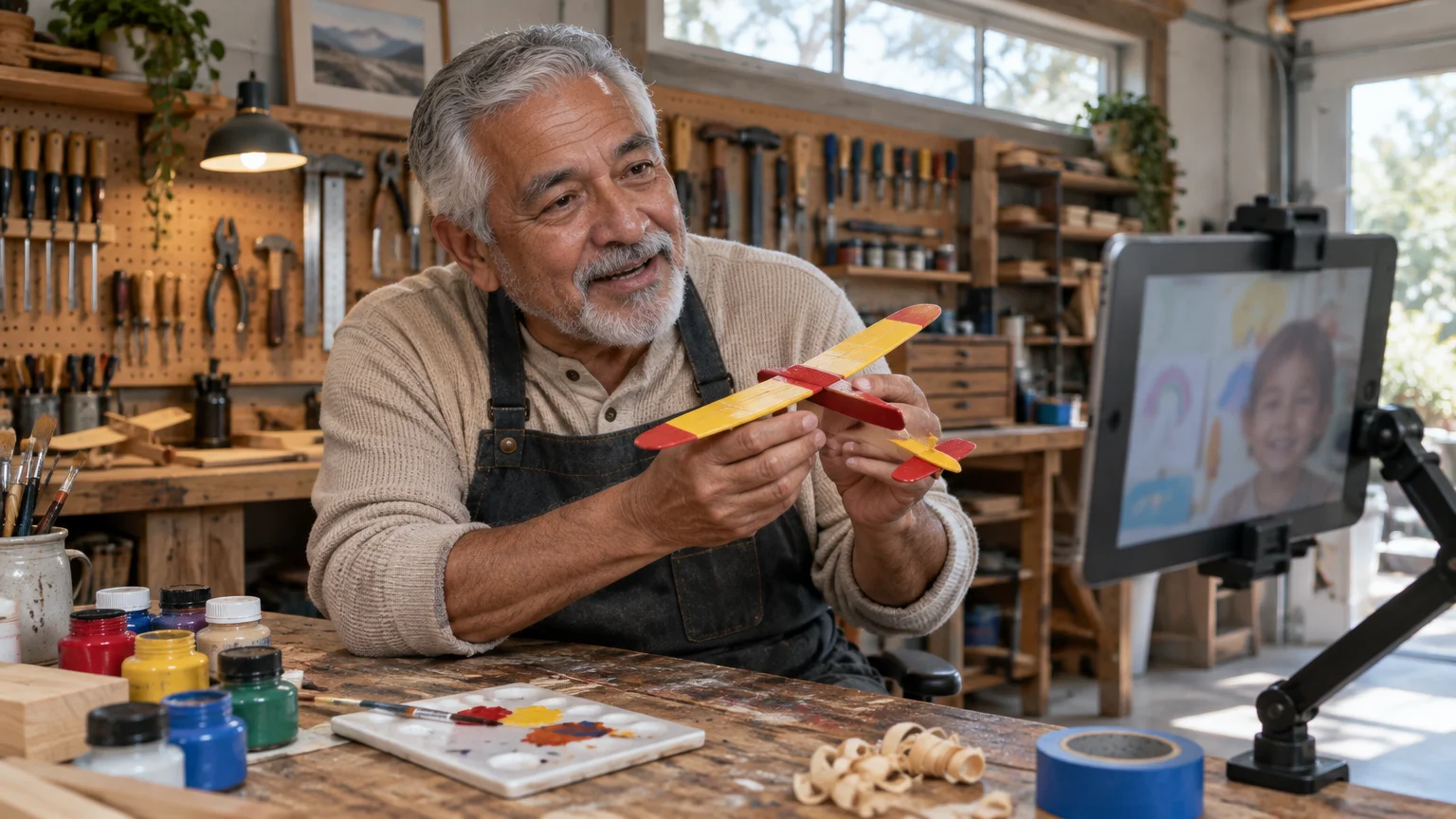 Smiling grandfather in a workshop showing a toy wooden airplane to a grandchild during a tablet video call.