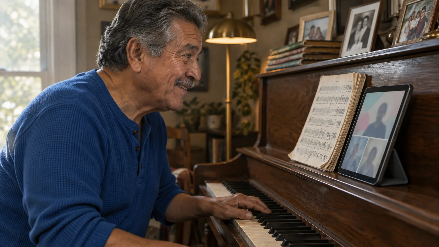 Smiling older man plays an upright piano while having a video call on a propped-up tablet.