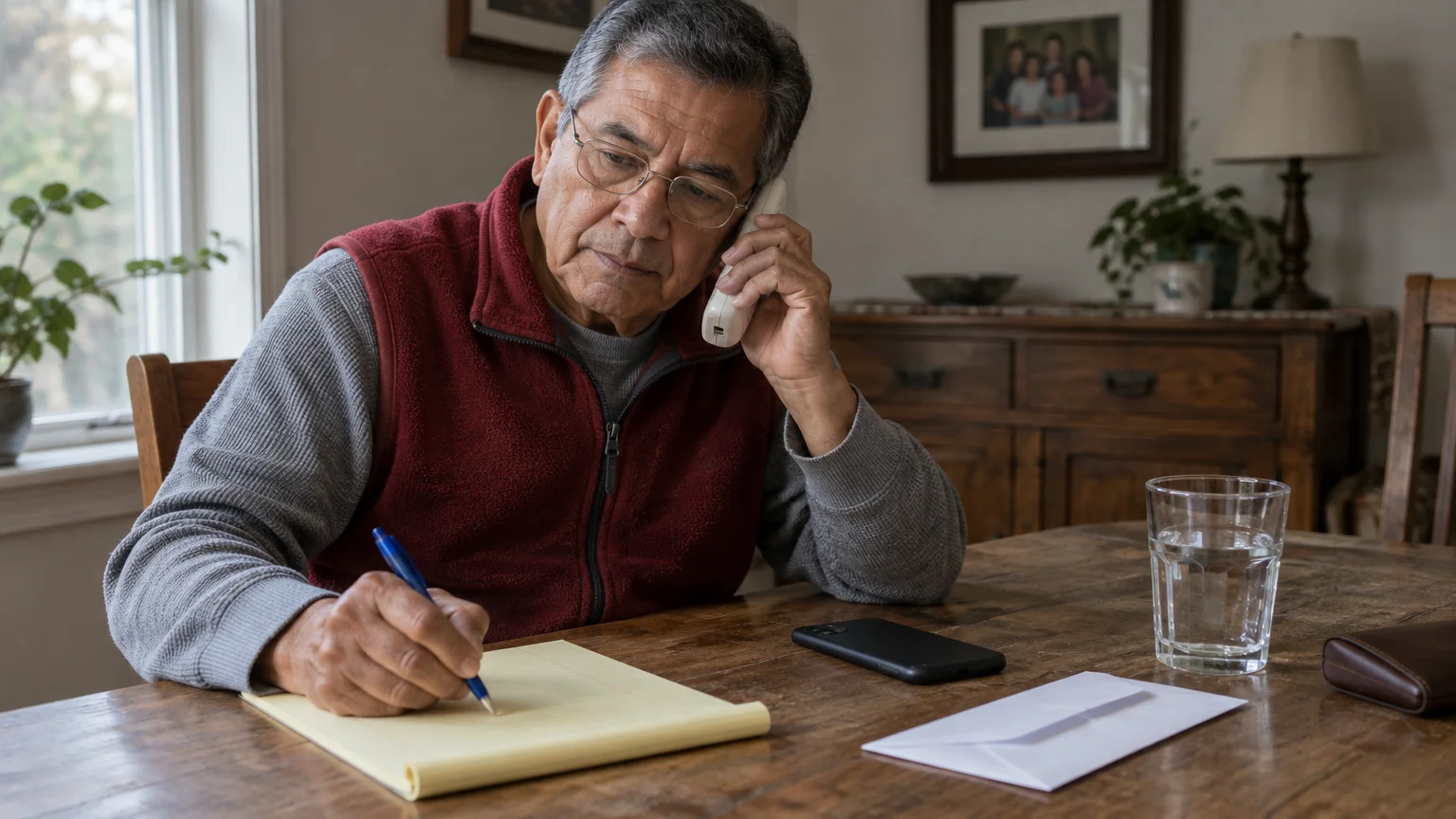 An older man wearing glasses sits at a wooden table, talking on a landline phone while writing on a yellow notepad.